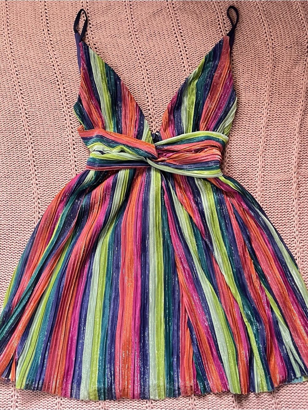 Women's Multicolor Shiny Glitter Striped Mini Cocktail Dress with Twist Waist